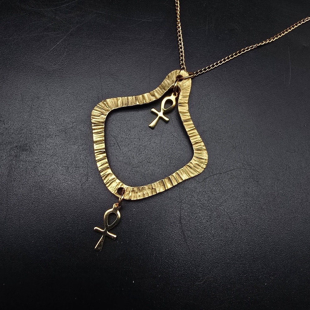 Gold Tone Ankh Cross Pendant Necklace Vintage 1970s Costume Jewelry
